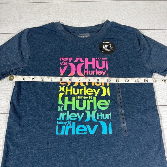 Hurley Heathered Blue Tee with Neon Rainbow Logo Small - Picture 4 of 8